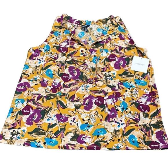 Ellen Tracy Sleeveless Blouse Ginger Combo Floral Cinch Neckline V Neck Large - Picture 1 of 4